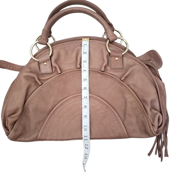 Bulga Beige Leather Large Boho Handbag Fringed Pleated Studded Details - Picture 11 of 12